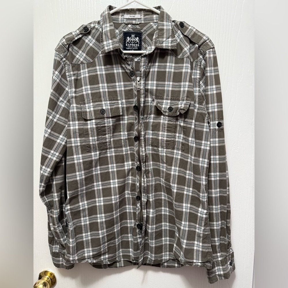 Express Gray & White Plaid Fitted Long Sleeve Zip Up & Buttons Shirt Size Large